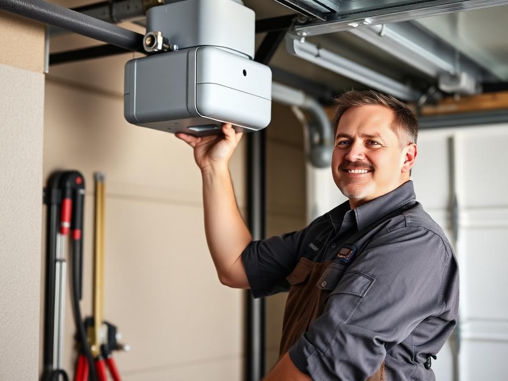Experienced Thompson Garage Doors technician adjusting garage door opener