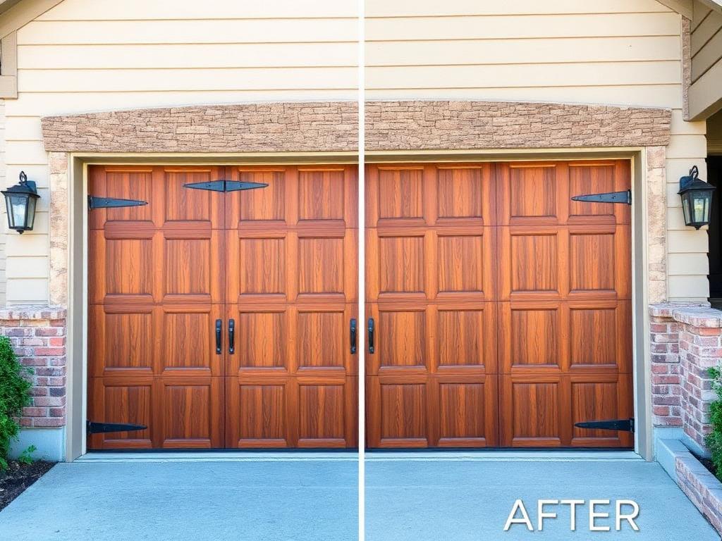 Beautiful rustic wood grain garage door installation with iron strap hinges